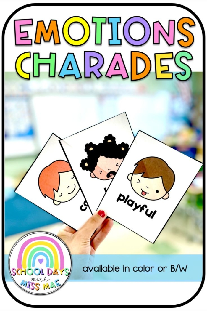 Kindergarten students engaging with the Charades with Emotions worksheet, practicing emotional awareness through play