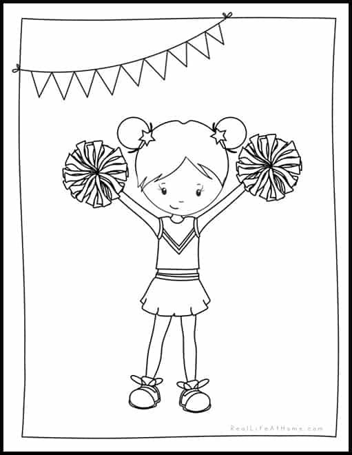 Kindergarten student coloring a cheerleading worksheet with pom-poms