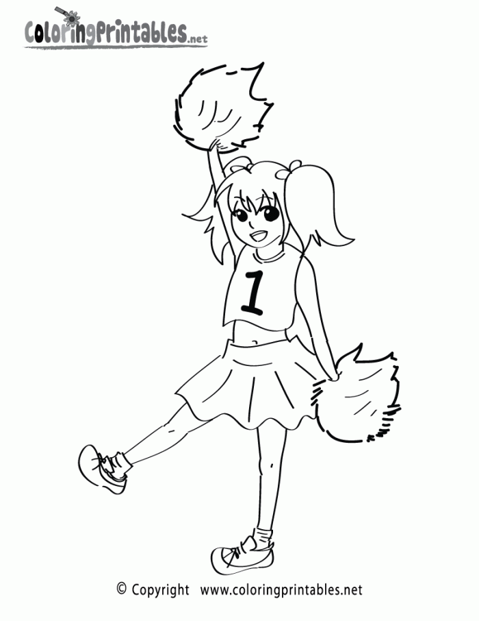 Kindergarten cheerleading coloring page showing a smiling athlete with pom-poms for physical activity learning