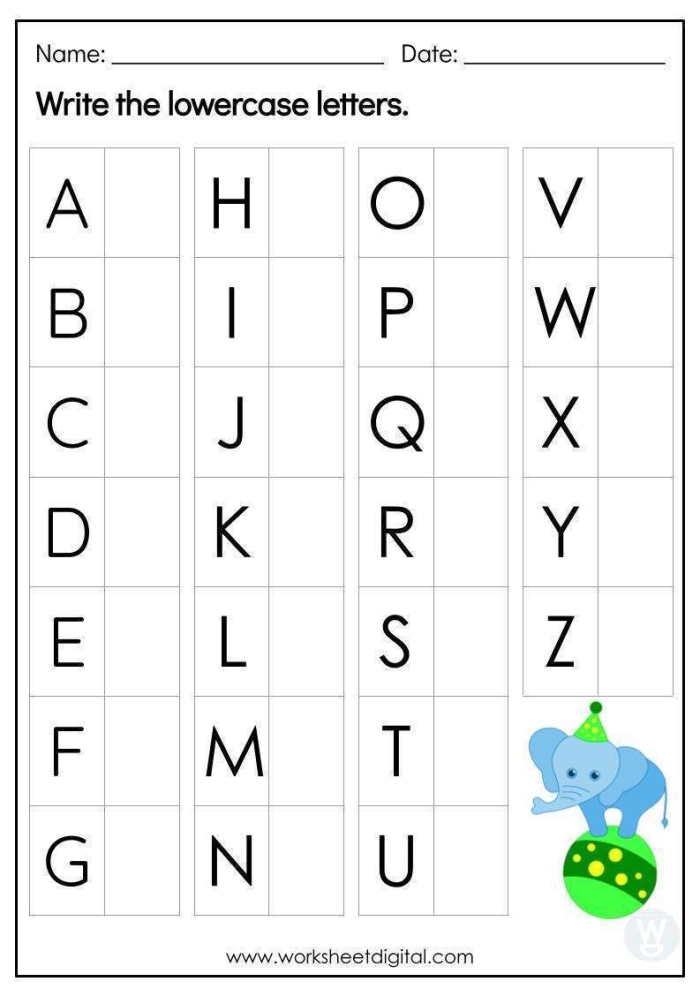 Writing Lowercase Letters Practice Exercise 10 for Beginning Writers Kindergarten student practicing writing lowercase letter forms on a worksheet with dotted line guides