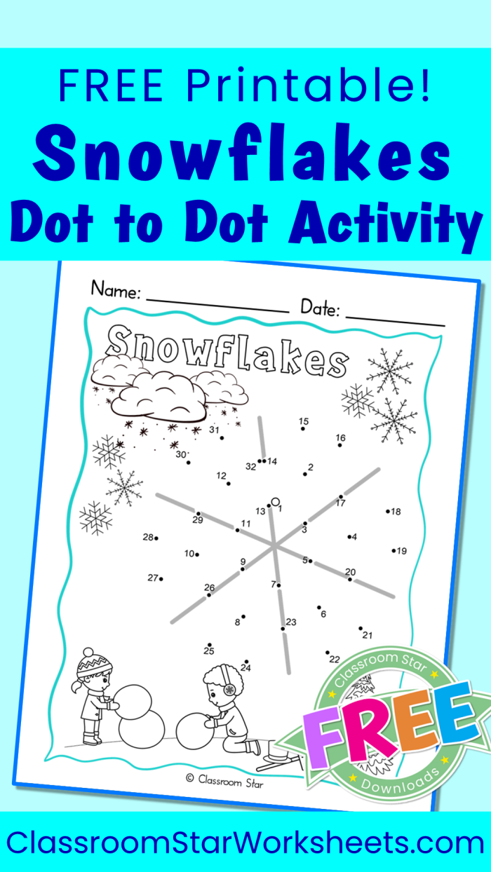Engaging numbered dot-to-dot activity for young learners to enhance counting skills Snowflake dot-to-dot worksheet for kindergarten phonics practice during Christmas break