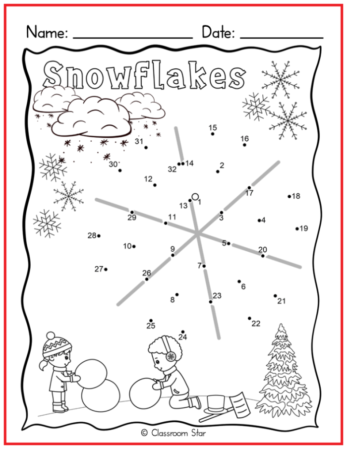 Engaging Christmas-themed dot-to-dot activity for counting skills Snowflake Dot-to-Dot worksheet for kindergarten phonics practice during Christmas