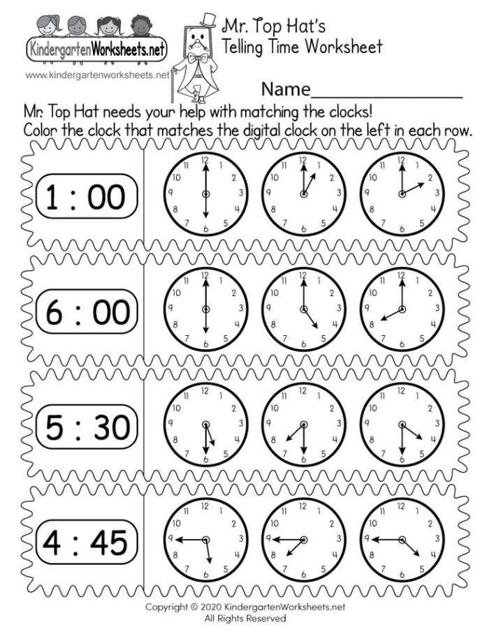 Printable worksheet for kindergarteners to practice matching clocks and telling time
