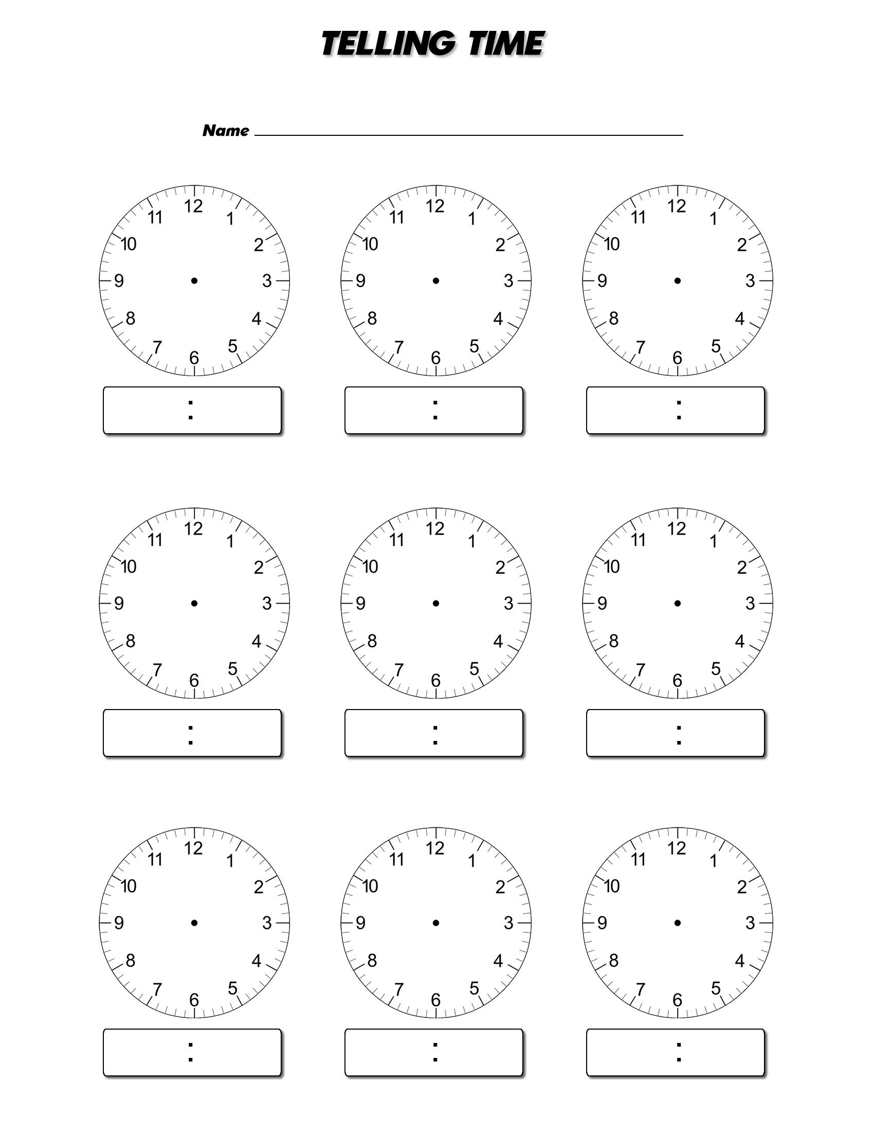 Reading worksheet for Kindergarten Printable Clock Practice worksheet for kindergarten students to enhance time-telling skills. Worksheet image for teaching kids how to draw clock hands accurately.