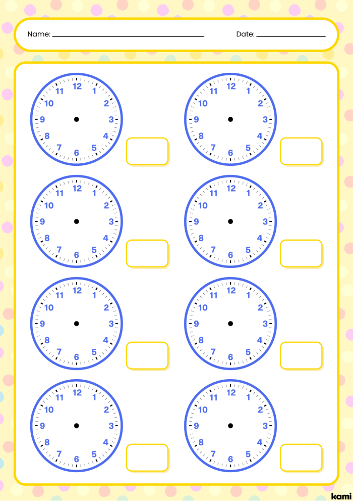 Printable Clock Practice Worksheet for Kindergarteners Number 11 Kindergarten student completing a clock practice worksheet by drawing hands on a clock face