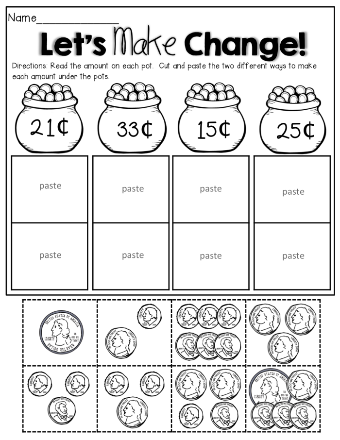 Kindergarten student counting various coins to practice addition skills on a worksheet