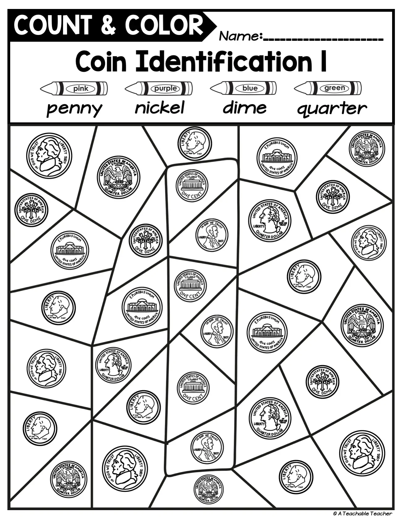 Kindergarten student practicing coin addition with this printable Coins for Kids worksheet