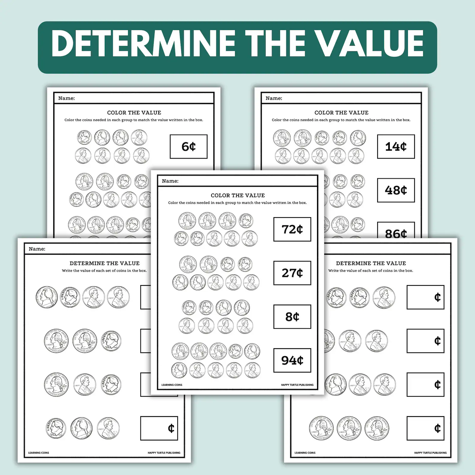 Kindergarten student counting pennies and nickels for coin addition practice worksheet