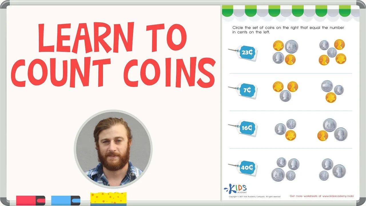 Reading worksheet for Kindergarten Worksheet for counting and identifying dimes, quarters, pennies, and nickels. Fun coin recognition activity for kindergarten learners.