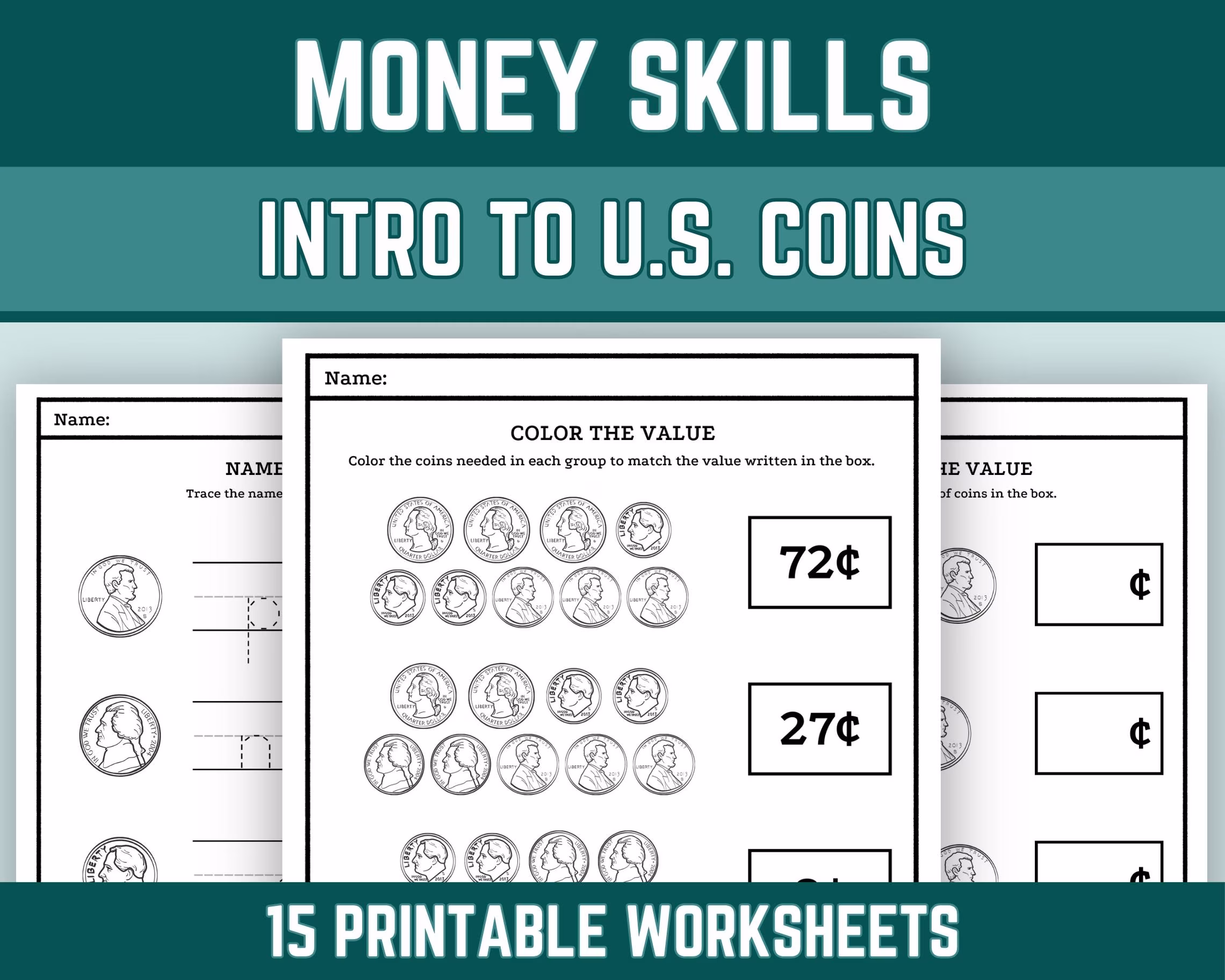 Kindergarten student counting pennies and nickels together on a coin addition worksheet