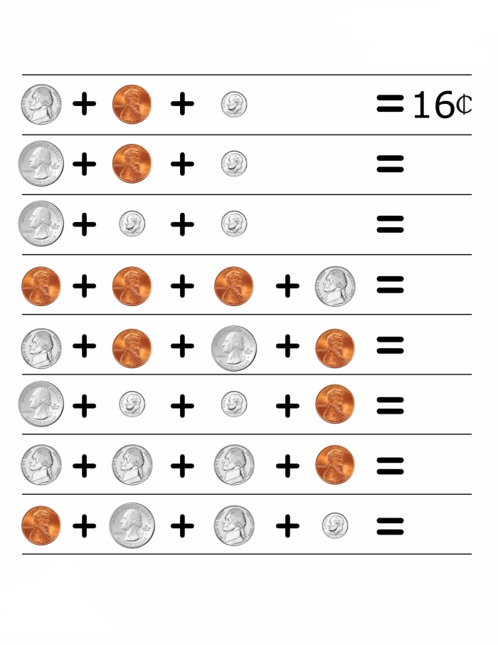 Kindergarten student counting and adding coins together on a math worksheet