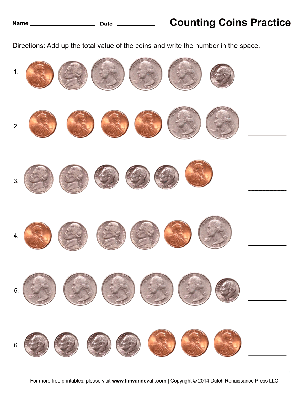 Kindergarten student counting coins on a printable math worksheet