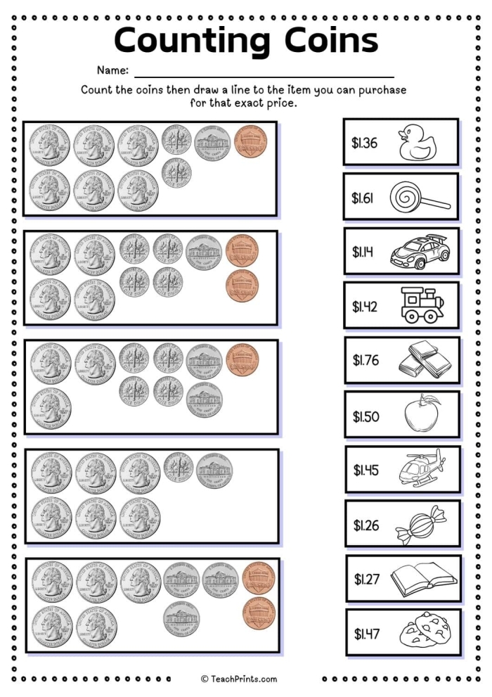 Reading worksheet for Kindergarten Worksheet for counting and recognizing different coins like dimes, quarters, pennies, and nickels. Fun counting activity for kindergarten students to enhance their math skills.