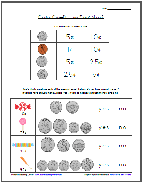 Engaging Count How Many Coins There Are worksheet for kindergarten students Worksheet showing a child counting and circling different coins like dimes, quarters, pennies, and nickels