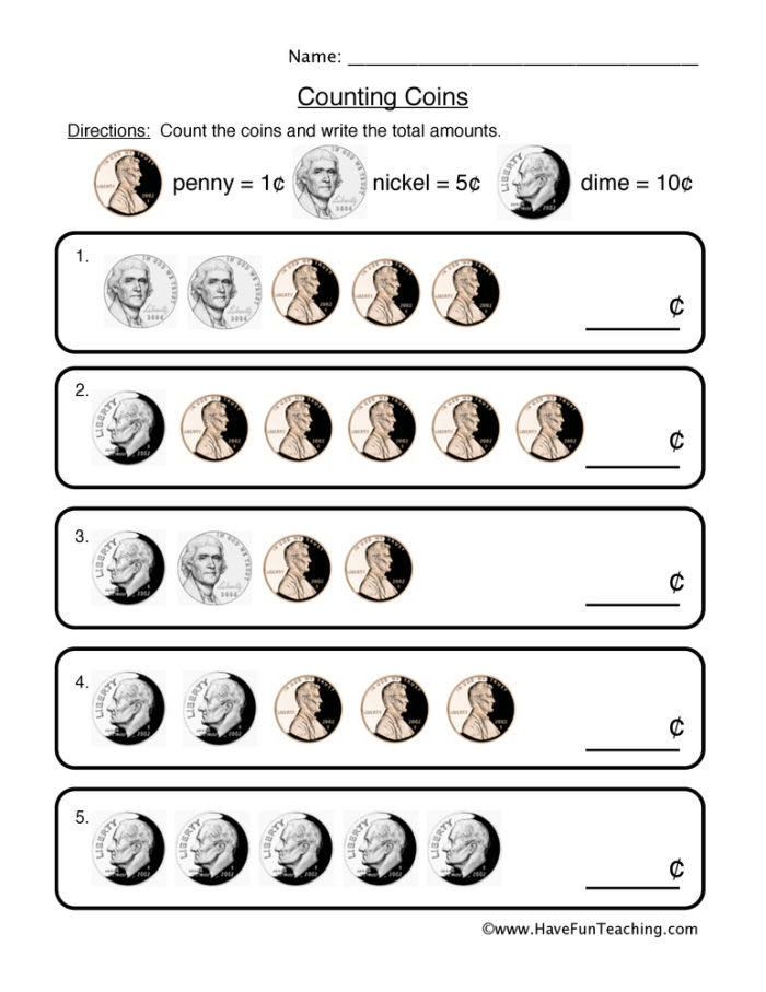 Reading worksheet for Kindergarten Worksheet for counting and identifying different coins like dimes, quarters, pennies, and nickels. Fun coin recognition activity for kindergarten students to improve counting skills.