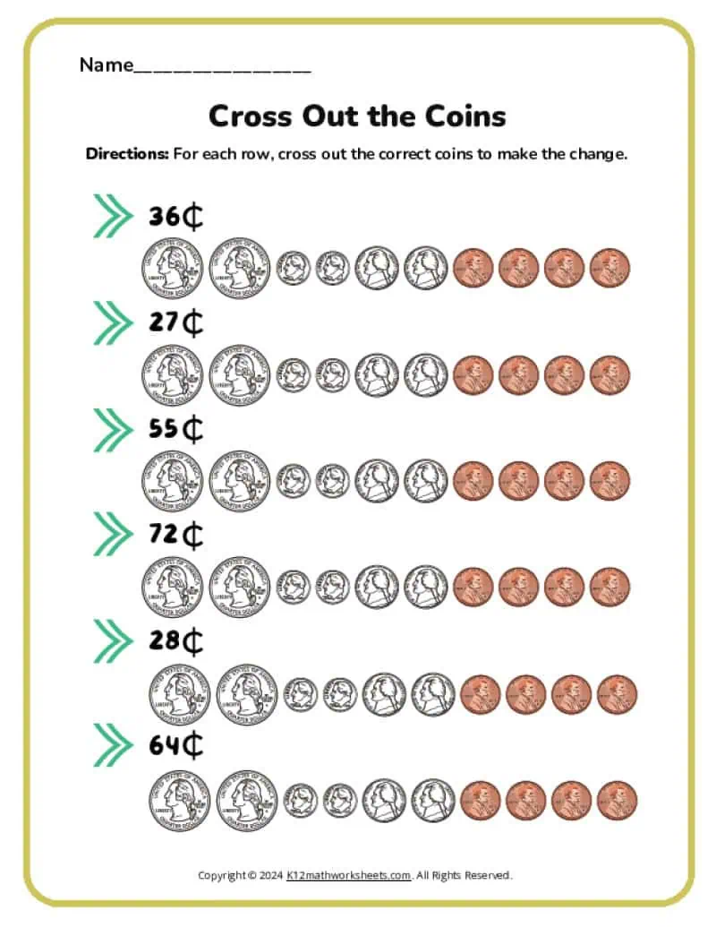 Colorful worksheet featuring various coins for children to identify