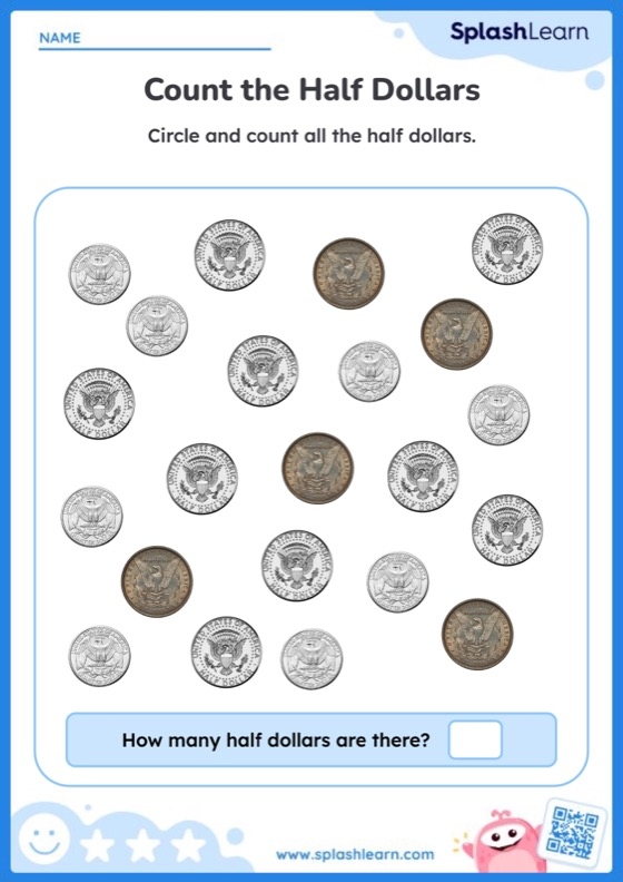 Kindergarten worksheet for identifying coins to help students learn counting and place value concepts