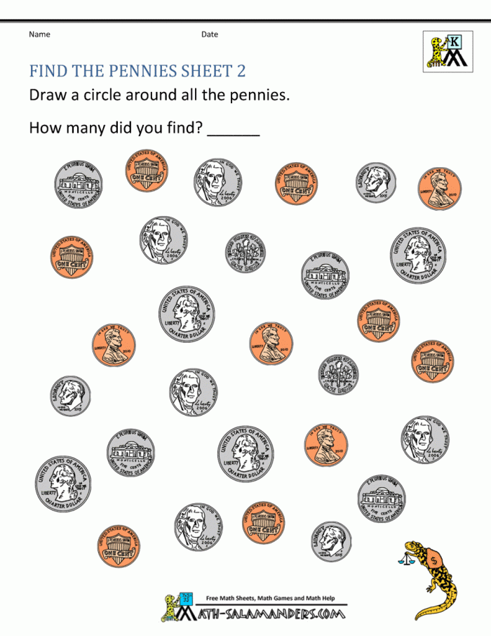 Kindergarten student worksheet focused on identifying various US coins for a place value lesson