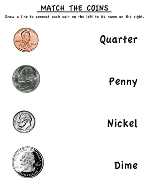 Kindergarten student identifying different coin values on a place value worksheet