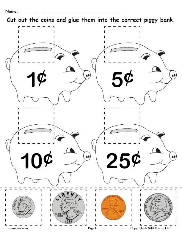 Kindergarten student completing a coin matching activity to identify pennies nickels dimes and quarters