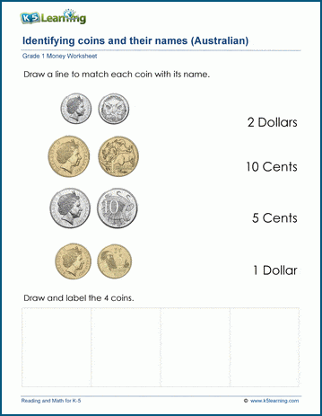 Kindergarten student matching names to coins on a printable learning sheet