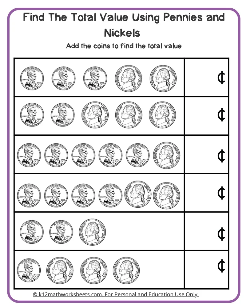 Kindergarten worksheet for matching coins by name and appearance