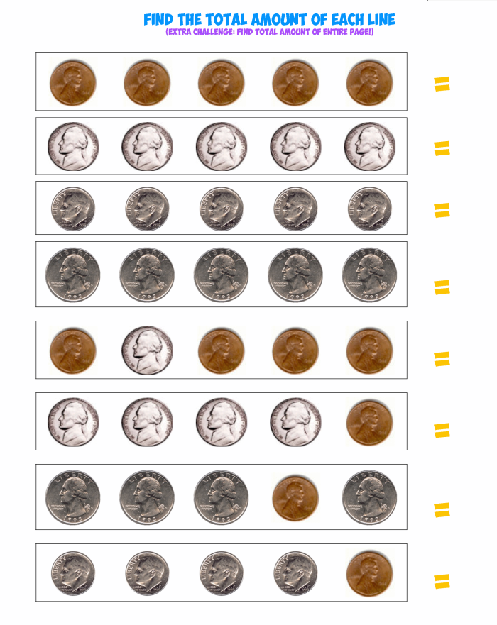 Kindergarten student practicing basic coin addition and counting with a fun worksheet