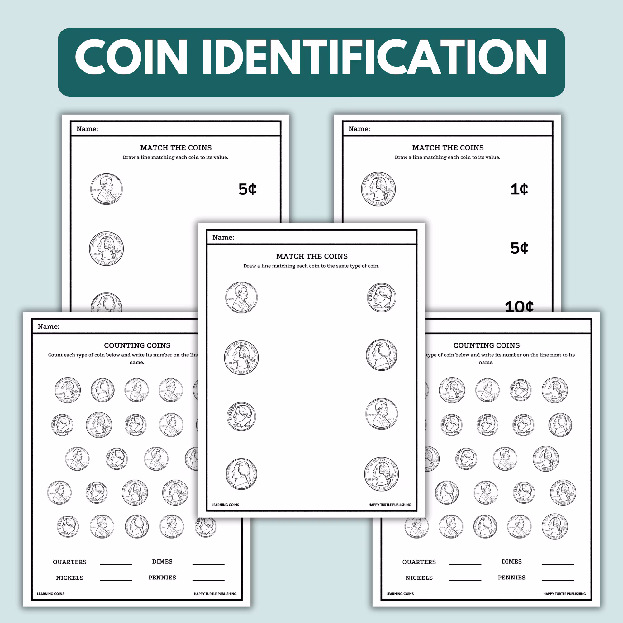 Kindergarten student practicing basic coin addition on an educational money worksheet