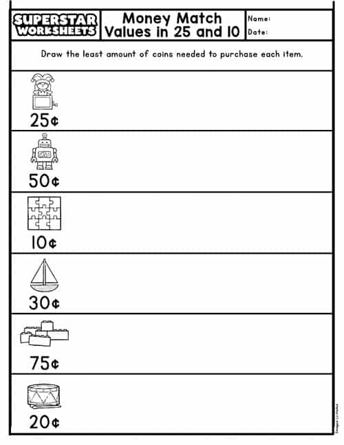 Kindergarten student matching names to coins on a worksheet
