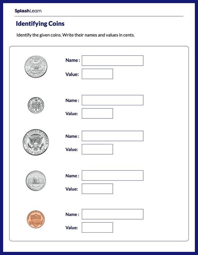 Worksheet for kids to identify different coins and their values