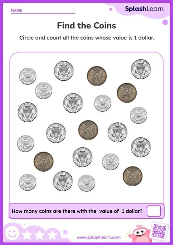 Kindergarten student learning to recognize pennies, nickels, and dimes on an identifying coins worksheet