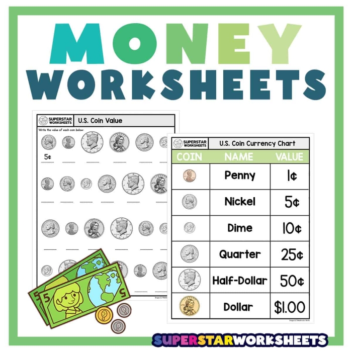 Kindergarten student matching coins by name on a fun learning worksheet