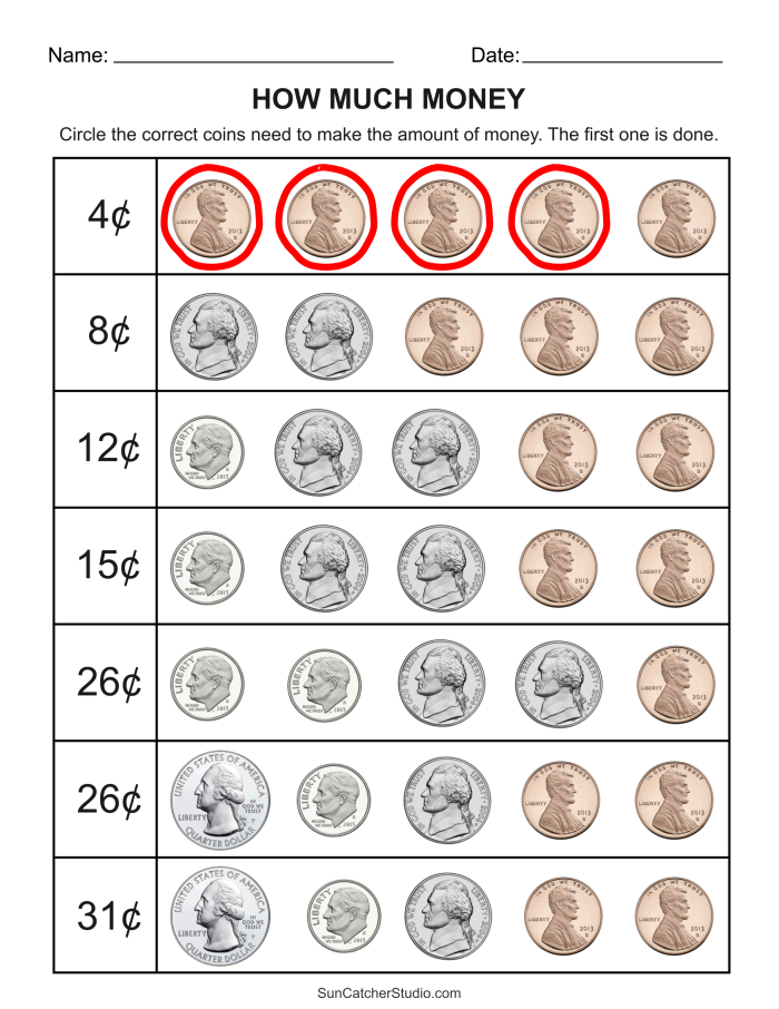Kindergarten worksheet featuring various coins for students to identify and practice counting