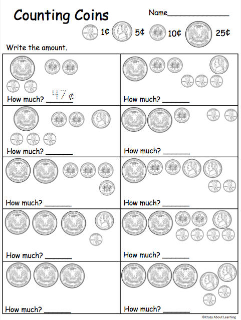 Kindergarten worksheet for identifying coins to help students practice counting and money recognition