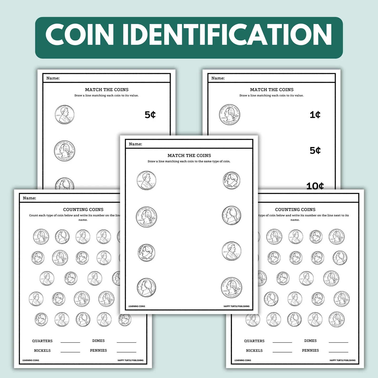Children's worksheet for tracing, counting, and coloring the quarter featuring George Washington