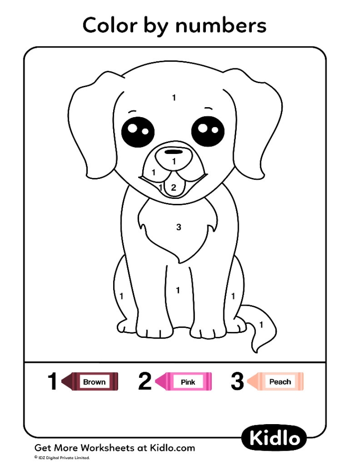 Kindergarten student working on a color by number puppy worksheet with numbered shapes