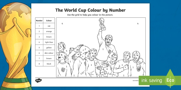 World Cup Color-by-Number worksheet for kindergarten kids to practice numbers and counting