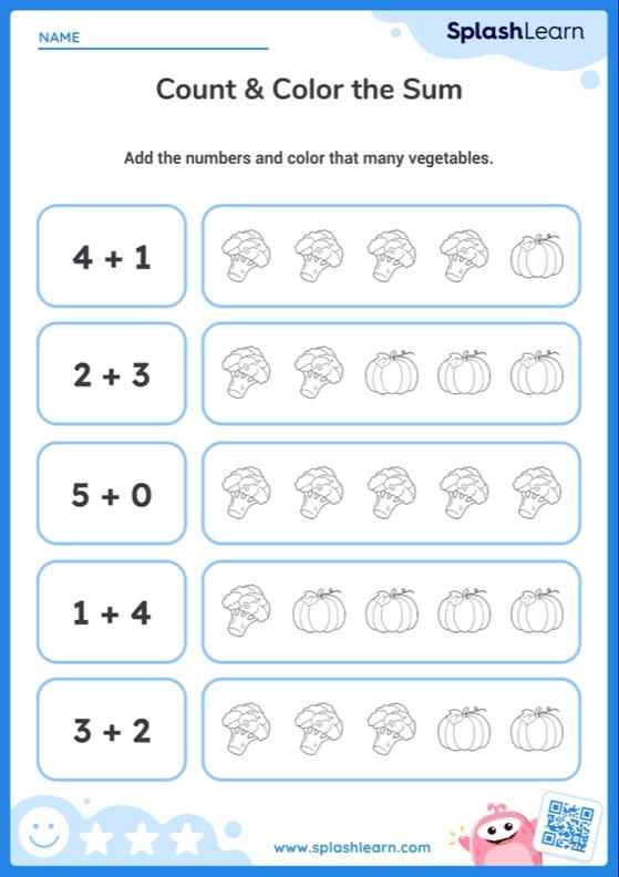 Kindergarten worksheet featuring sea creatures and addition problems for Color by Sum Under the Waves activity 24