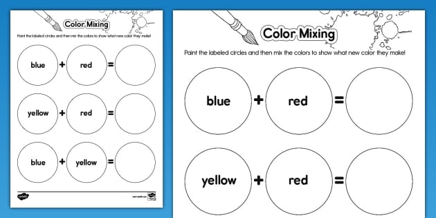 Worksheet for teaching children about mixing primary colors to create secondary colors