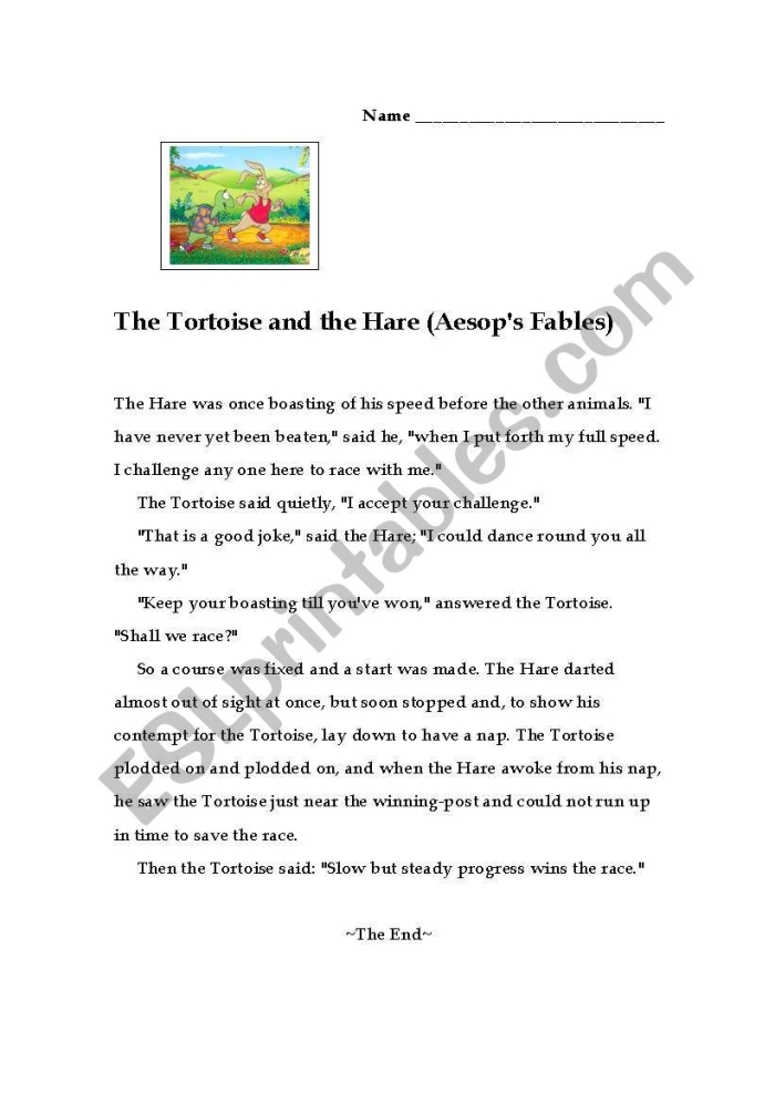 The Hare and the Tortoise fable worksheet for kindergarten history class Kindergarten worksheet featuring a coloring activity of a hare and tortoise racing for the fable lesson