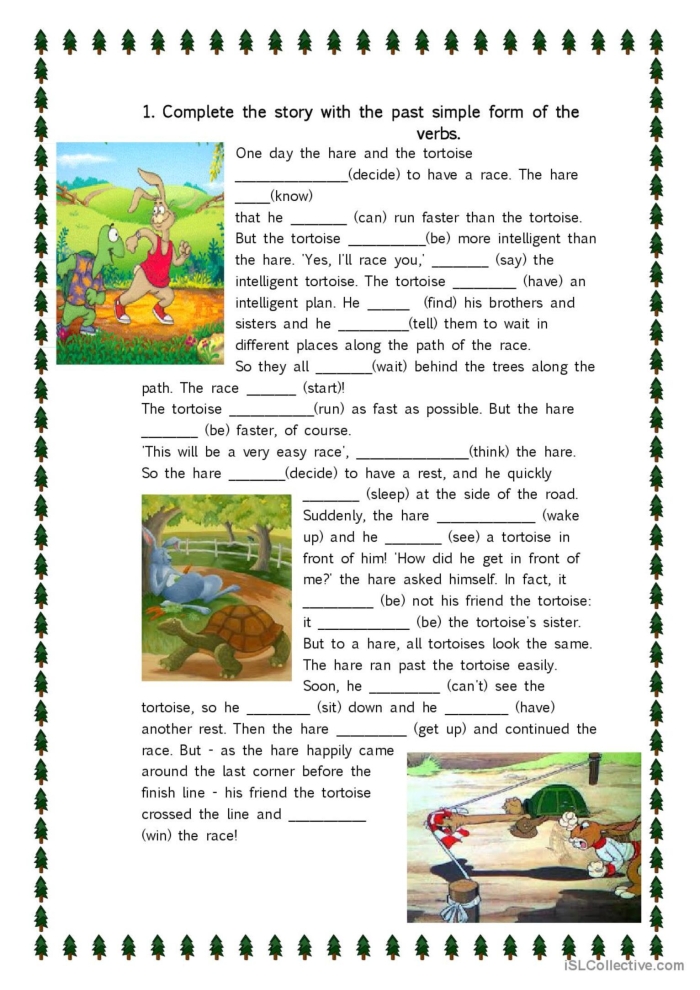 The Hare and the Tortoise fable reading and coloring sheet for early learners Kindergarten worksheet featuring a coloring activity of the hare and the tortoise race