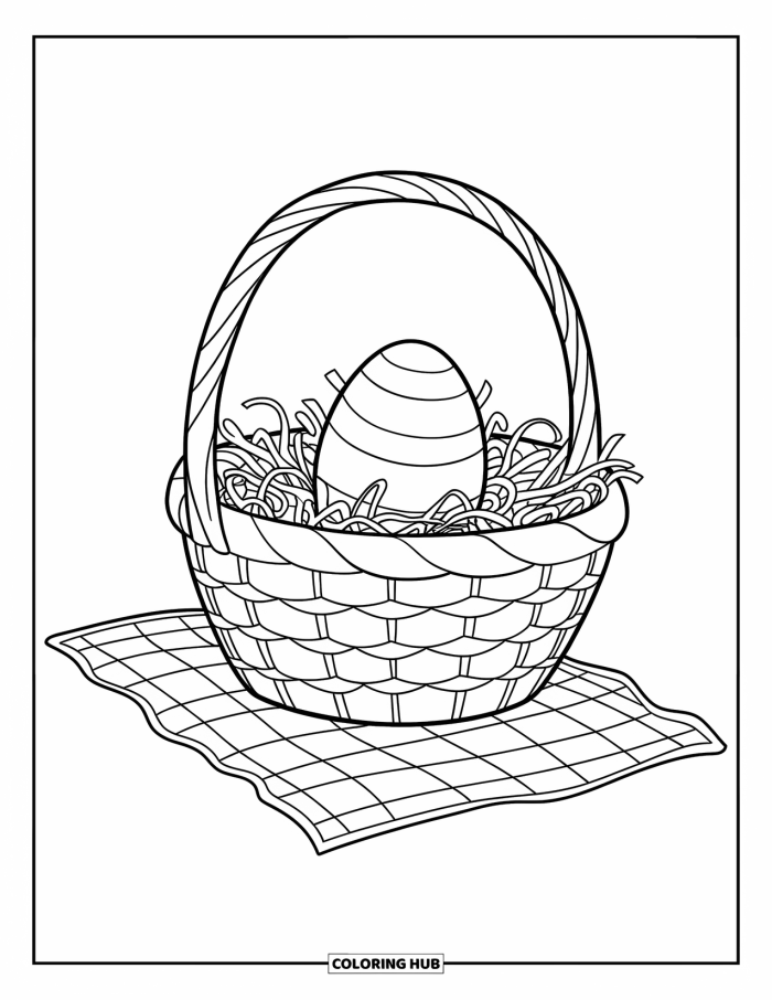 Kindergarten coloring page featuring an Easter basket and three decorated eggs