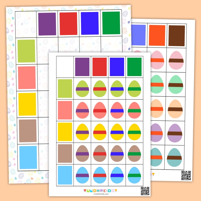 Kindergarten student coloring an Easter egg basket worksheet labeled with color by number instructions