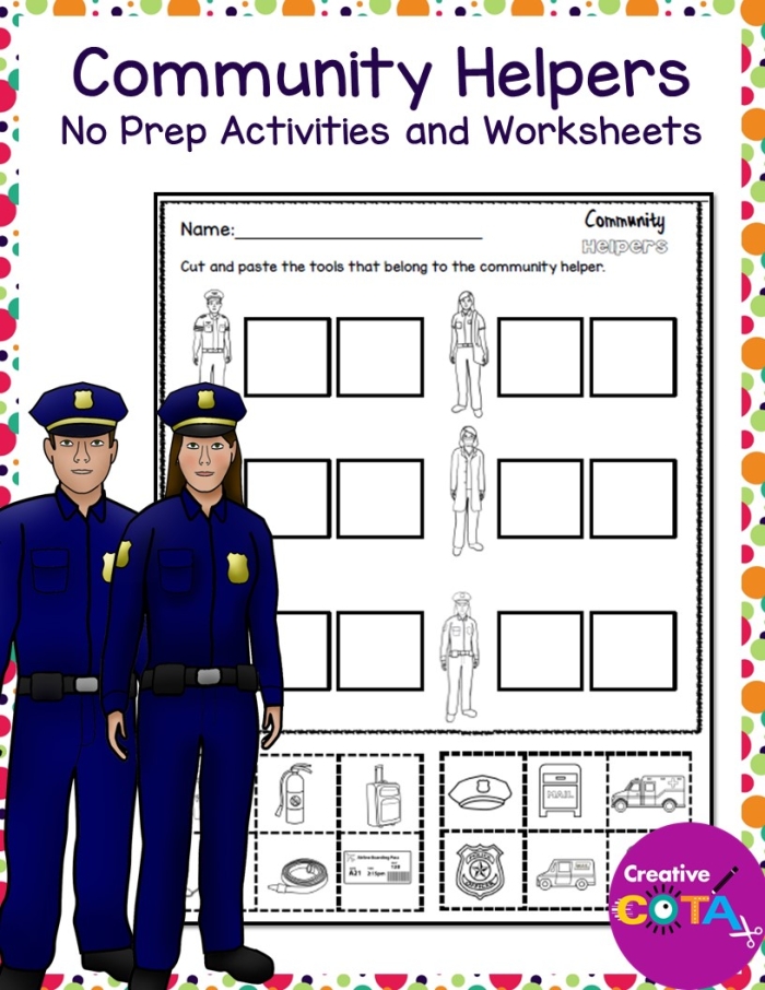 Kindergarten students matching community helpers to their specific service roles on a printable worksheet