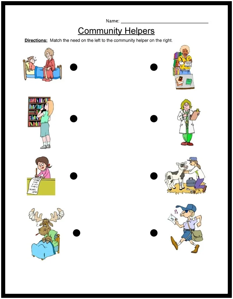 Community Helpers Matching Activity for Early Readers A kindergarten worksheet showing community helper sentences with a word bank and matching pictures for students to complete and identify different helpers in the community