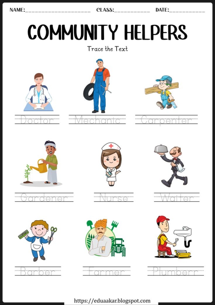 Community Helpers Whos Who Kindergarten Reading Worksheet 17 Kindergarten student matching community helper names to pictures on a fill-in-the-blank worksheet