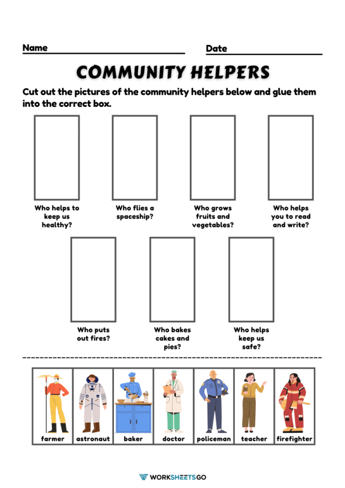 Community Helpers Who's Who Worksheet Activity 14 for Early Readers Kindergarten student completing community helpers matching worksheet with word bank and picture identification exercises