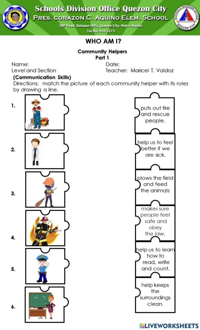 Children searching for community helpers and tools in a colorful picture puzzle activity for kindergarten grammar practice