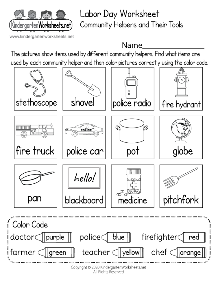 Kindergarten worksheet exploring various community helper professions and their daily service roles