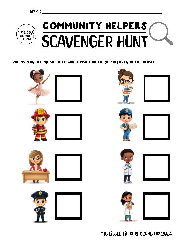 Kindergarten students using a magnifying glass to find community helpers and their tools on an engaging search worksheet